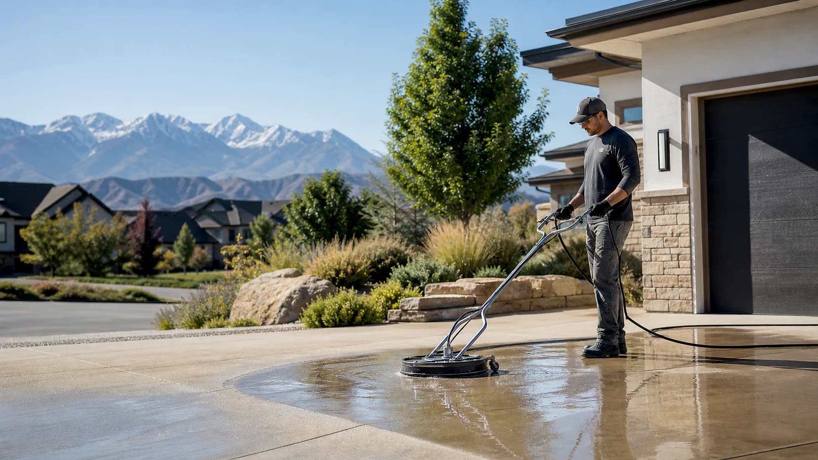 Exterior-cleaning technician using a surface cleaner on a Utah driveway with mountains beyond